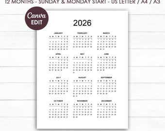 May include: A white 2026 calendar template with a Sunday and Monday start, available in US Letter, A4, and A3 sizes. The calendar features all 12 months, with each month's days clearly displayed.