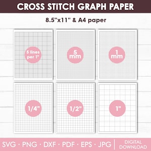 Peut inclure: Six modèles de papier quadrillé pour point de croix en noir et blanc. Les modèles sont étiquetés avec la taille de la grille : 5 lignes par pouce, 5 mm, 1 mm, 1/4 pouce, 1/2 pouce et 1 pouce.