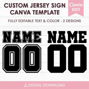May include: A digital template for a custom jersey sign featuring two distinct designs with the word NAME and the number 00 in a bold athletic font. The text CUSTOM JERSEY SIGN CANVA TEMPLATE and FULLY EDITABLE TEXT & COLOR - 2 DESIGNS are visible.