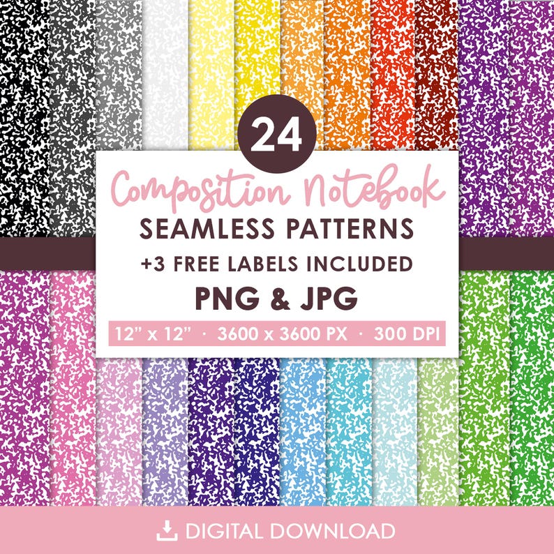 May include: 24 digital seamless patterns of composition notebook paper in various colors, including black, white, yellow, orange, red, brown, purple, pink, blue, and green. The patterns are 12 inches by 12 inches and 3600 pixels by 3600 pixels at 300 DPI.  The text "24 Composition Notebook Seamless Patterns +3 Free Labels Included PNG & JPG 12" x 12" - 3600 x 3600 PX - 300 DPI" is included in the image.