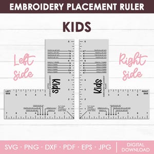 May include: A printable embroidery placement ruler for kids' clothing. The ruler has markings for different sizes, including youth XL, youth L, youth M, youth S, and child sizes 2-7 years. The ruler is labeled "Kids Embroidery Placement Ruler" and has a left and right side.