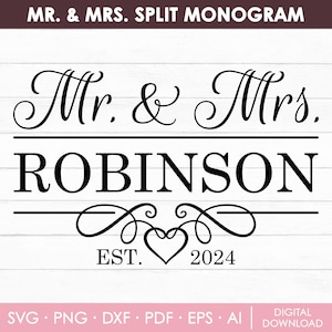 M. et Mme signe Svg, mariage monogramme Svg, cadeaux de mariage pour couple Svg, nom de famille Svg, Just Married signe Svg, Png, téléchargement immédiat