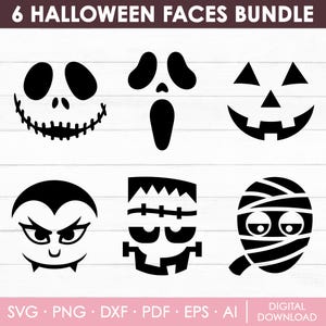 May include: A digital bundle of 6 Halloween faces featuring black silhouettes of a stitched mouth, a screaming mask, a jack-o'-lantern, a vampire, a monster with a flat head, and a mummy. The text 6 HALLOWEEN FACES BUNDLE and SVG PNG DXF PDF EPS AI DIGITAL DOWNLOAD are visible.