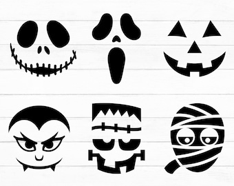 May include: A digital bundle of 6 Halloween faces featuring black silhouettes of a stitched mouth, a screaming mask, a jack-o'-lantern, a vampire, a monster with a flat head, and a mummy. The text 6 HALLOWEEN FACES BUNDLE and SVG PNG DXF PDF EPS AI DIGITAL DOWNLOAD are visible.
