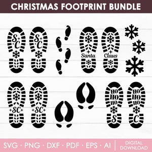 May include: A black and white digital download bundle featuring Christmas-themed footprints and snowflakes. The designs include footprints with text like "Santa Claus" and "SC", along with various snowflake shapes. The text "CHRISTMAS FOOTPRINT BUNDLE" is at the top.