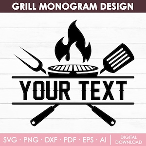 Grillen Svg, BBQ Grill Svg, barbecue Clipart, Grill Monogram Svg, Grill Master Svg, naam aangepaste tekst, Grill Dad Svg, DIY, Instant Download