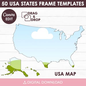 Puede incluir: Plantilla digital que muestra un mapa de los EE. UU. con un fondo azul claro y una nube blanca. El texto "50 USA STATES FRAME TEMPLATES" est&aacute; en la parte superior. Las palabras "Canva EDIT" est&aacute;n en un c&iacute;rculo. Las palabras "DRAG & DROP" est&aacute;n junto a un icono de mano. Las palabras "USA MAP" est&aacute;n en la parte inferior.