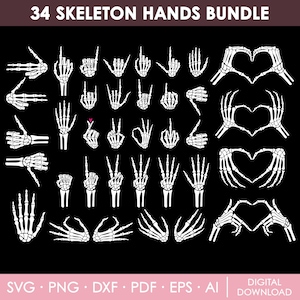 May include: A black background features a collection of 34 white skeleton hand illustrations. The hands are in various poses, including gestures, heart shapes, and the middle finger. Text at the top reads "34 SKELETON HANDS BUNDLE".