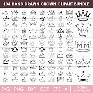Pacote Crown Svg, King Crown Svg, Queen Crown Svg, Clipart de coroa, Coroa desenhada à mão, Doodle Crown, Cricut, Silhueta, Png, Download instantâneo
