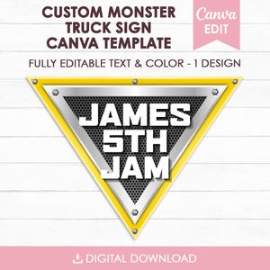 May include: A triangular sign template featuring a yellow border and a metallic silver center with a black mesh pattern. The text reads "JAMES 5TH JAM". The top text states "CUSTOM MONSTER TRUCK SIGN CANVA TEMPLATE" and "FULLY EDITABLE TEXT & COLOR - 1 DESIGN".