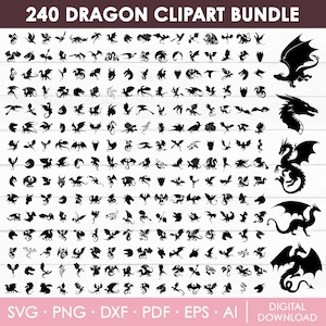 Puede incluir: Un paquete de imágenes prediseñadas digitales con 240 siluetas de dragones en varias poses y estilos. Los diseños de dragones negros incluyen dragones con alas, colas rizadas y detalles corporales. La imagen también incluye información sobre el tipo de archivo.