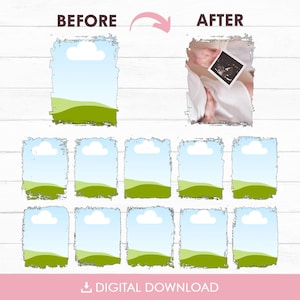 K&ouml;nnte beinhalten: Digitaler Download-Grafik mit einem Vorher-Nachher-Konzept. Das "Vorher"-Bild zeigt eine Landschaftsszene, w&auml;hrend das "Nachher"-Bild einen Baby-Ultraschall zeigt. Der untere Teil der Grafik lautet "DIGITALER DOWNLOAD".