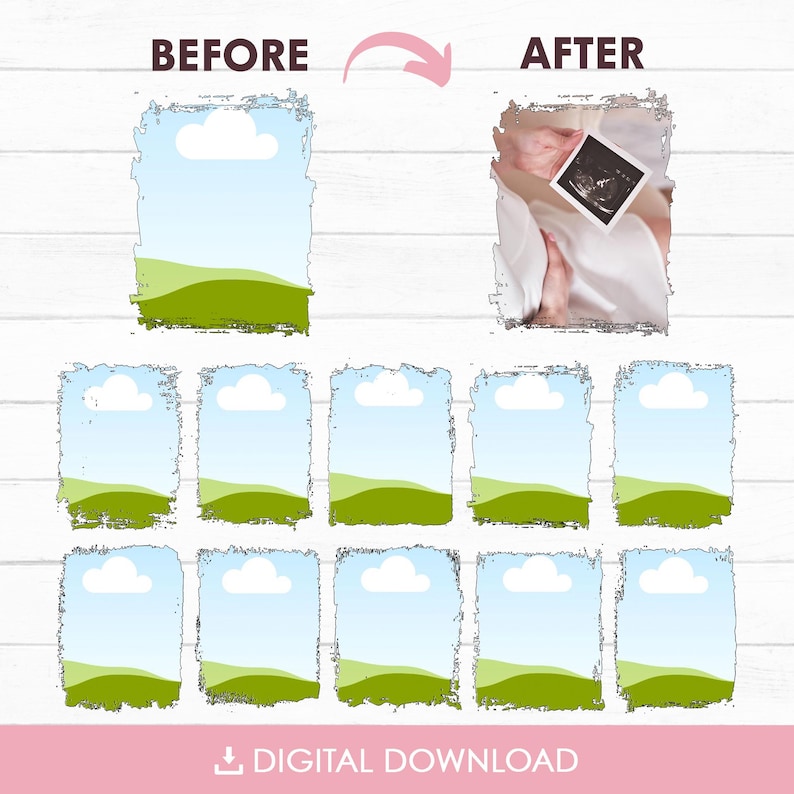 K&ouml;nnte beinhalten: Digitaler Download-Grafik mit einem Vorher-Nachher-Konzept. Das "Vorher"-Bild zeigt eine Landschaftsszene, w&auml;hrend das "Nachher"-Bild einen Baby-Ultraschall zeigt. Der untere Teil der Grafik lautet "DIGITALER DOWNLOAD".