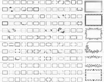 May include: A digital clipart collection featuring 156 rectangle frames in various styles. The frames are black and white, with decorative elements like floral designs and dotted borders. The image includes text that reads "156 RECTANGLE FRAMES CLIPART" and file type options.
