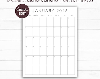 2026 Calendar Planner Template, Monthly Planner Pages, Monthly Calendar, US Letter, A4, Monday & Sunday Start, Printable, Canva Editable