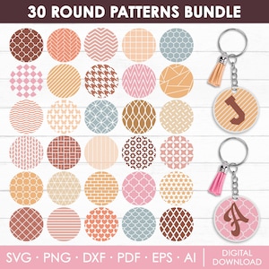 Op de afbeelding: Een set van 30 ronde patronen in verschillende kleuren en ontwerpen. De patronen zijn gerangschikt in een raster op een witte achtergrond. De patronen omvatten geometrische vormen, strepen, stippen en bloemenmotieven. De tekst "30 ROUND PATTERNS BUNDLE" staat bovenaan de afbeelding. De tekst "SVG PNG DXF PDF EPS AI" staat onderaan de afbeelding. De tekst "DIGITAL DOWNLOAD" staat rechtsonder in de afbeelding.