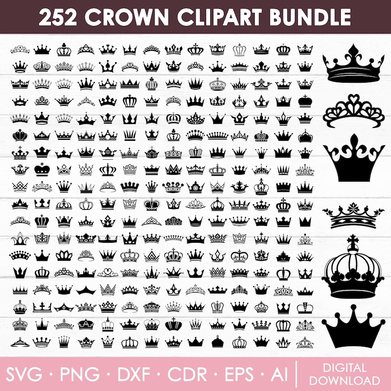 May include: A digital download of 252 black and white crown clip art images. The crowns are in various styles and sizes. The text "252 Crown Clipart Bundle" is at the top of the image. The text "SVG. PNG. DXF. CDR. EPS. AI" is at the bottom of the image. The text "Digital Download" is at the bottom right of the image.