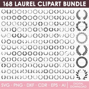 Pode incluir: Uma coleção de 168 designs de clipart de louro em preto. A imagem inclui vários designs de grinaldas e louros, incluindo formas circulares e semicirculares. A parte inferior da imagem inclui o texto "SVG • PNG • DXF • CDR • EPS • AI | DIGITAL DOWNLOAD".