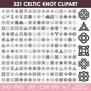 May include: A digital collection of 221 black Celtic knot clipart designs. The image displays a variety of knot patterns, including crosses, spirals, and interwoven shapes. The text "221 Celtic Knot Clipart" is at the top.