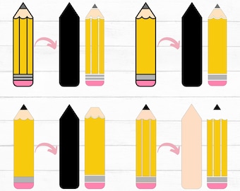 Könnte beinhalten: Vierlagige Bleistift-SVG-Schnittdateien. Das Bild zeigt einen gelben Bleistift mit rosa Radiergummi, einen schwarzen Bleistift, einen gelben Bleistift mit grauem Radiergummi und einen beigen Bleistift. Die Bleistifte sind übereinander gelegt, um die verschiedenen Teile des Bleistifts zu zeigen.