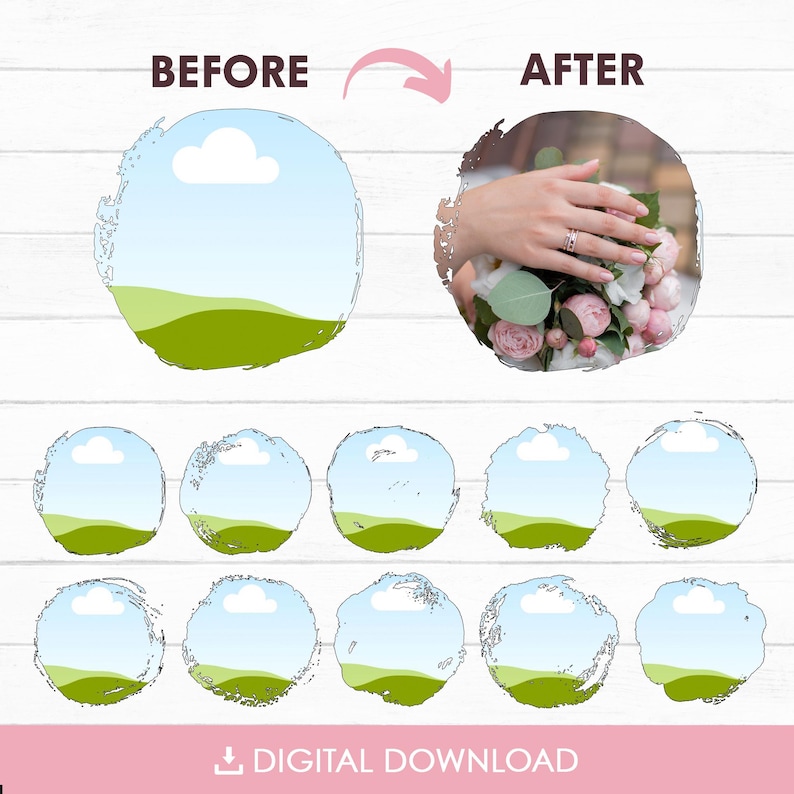 K&ouml;nnte beinhalten: Digitaler Download-Grafik mit einem Vorher-Nachher-Konzept. Das "Vorher"-Bild zeigt eine Landschaft in einem Kreis, w&auml;hrend das "Nachher"-Bild eine Hand zeigt, die einen Blumenstrau&szlig; h&auml;lt. Zus&auml;tzliche kreisf&ouml;rmige Landschaftsgrafiken befinden sich darunter. Der Text unten lautet "DIGITALER DOWNLOAD."