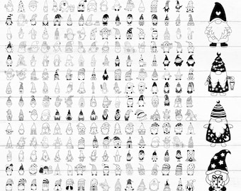 May include: A black and white digital download bundle featuring 224 Christmas gnome designs. The gnomes have various hats, beards, and outfits. The image includes the text "224 CHRISTMAS GNOME BUNDLE" and file type options.