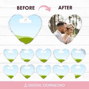 K&ouml;nnte beinhalten: Digitaler Download-Grafik mit einem herzf&ouml;rmigen Fotorahmen mit einer Landschaftsszene und einem Paar. Die W&ouml;rter "VORHER" und "NACHHER" stehen &uuml;ber dem Herzen. Darunter befinden sich mehrere herzf&ouml;rmige Rahmen. Der Text "DIGITALER DOWNLOAD" steht unten.