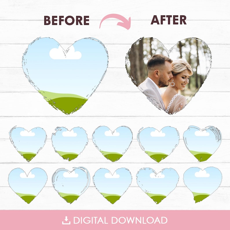 K&ouml;nnte beinhalten: Digitaler Download-Grafik mit einem herzf&ouml;rmigen Fotorahmen mit einer Landschaftsszene und einem Paar. Die W&ouml;rter "VORHER" und "NACHHER" stehen &uuml;ber dem Herzen. Darunter befinden sich mehrere herzf&ouml;rmige Rahmen. Der Text "DIGITALER DOWNLOAD" steht unten.