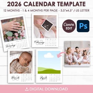 Pode incluir: Um modelo de calendário de 2026 com 12 meses, com layouts de 1 e 4 meses por página. O calendário tem 8,89 cm x 11,43 cm, formato US Letter. O design inclui imagens para janeiro, fevereiro, março e abril. As palavras "Canva EDIT" e "Ps" também são visíveis.
