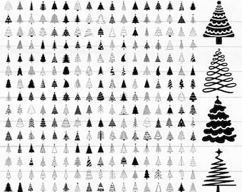 Könnte beinhalten: Ein Bild mit 255 schwarz-weißen Weihnachtsbaum-Designs. Das Bild enthält verschiedene Baumstile, von einfachen Umrissen bis hin zu detaillierten Illustrationen. Der Text "255 CHRISTMAS TREE BUNDLE" steht oben. Dateityp-Abkürzungen sind unten.