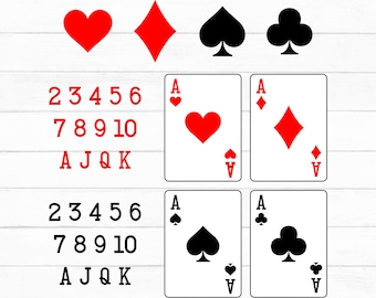 May include: A digital bundle of playing card symbols and numbers. The image shows red hearts and diamonds, black spades and clubs, and the numbers 2 to 10, plus the letters A, J, Q, and K. The text "PLAYING CARDS SYMBOLS BUNDLE" is at the top.