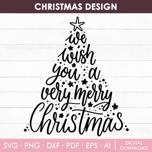 May include: Black Christmas tree design with the text "We wish you a very merry Christmas." The design includes a star at the top and is decorated with small stars and dots. The words "Christmas Design" are at the top.
