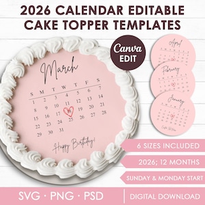 2026 Burn Away Cake Topper Calendar Template, Custom Round Сake Topper, Calendar Printable, Birthday Cake Topper, Printable, Canva Editable