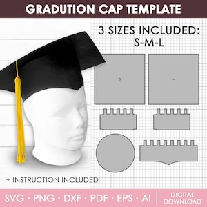Puede incluir: Una gorra de graduación negra con una borla dorada se muestra en una cabeza de maniquí blanca. La imagen incluye una plantilla con varias formas grises y el texto "GRADUTION CAP TEMPLATE" y "3 SIZES INCLUDED: S-M-L".