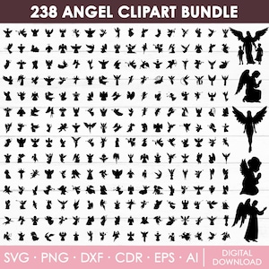 May include: A collection of 238 black angel clipart silhouettes. The image features diverse angel designs, including winged angels, those playing instruments, and various poses. File type options are listed at the bottom: SVG, PNG, DXF, CDR, EPS, and AI.