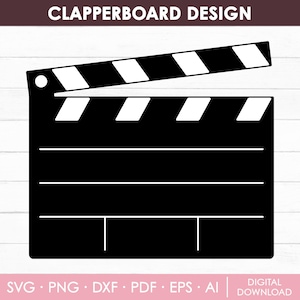 Peut inclure: Un graphique de clap de cinéma noir et blanc avec le texte CLAPPERBOARD DESIGN en haut. Le design présente une barre supérieure articulée avec des rayures diagonales alternées noires et blanches et un corps principal avec des lignes.