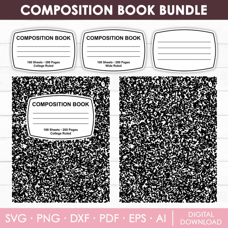 May include: A digital download bundle of printable composition book covers. The covers feature a black and white speckled design with the text "Composition Book" and details about the number of sheets and pages. The covers are available in college ruled and wide ruled styles.