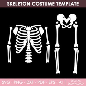 May include: A white skeleton costume template on a black background. The design includes the rib cage, spine, pelvis, and leg bones. The text "SKELETON COSTUME TEMPLATE" is at the top. Below are file type options: SVG, PNG, DXF, PDF, EPS, and AI.