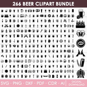 Puede incluir: Una colección de 266 imágenes prediseñadas en blanco y negro con temática de cerveza. Las imágenes incluyen varios vasos de cerveza, jarras, botellas, barriles y artículos relacionados. El texto "266 BEER CLIPART BUNDLE" está en la parte superior.