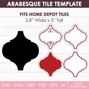 May include: A digital template for arabesque tiles, designed to fit Home Depot tiles. The template includes black, red, and white shapes, each approximately 2.8 inches wide and 3 inches tall. The design is available in SVG, PNG, DXF, PDF, EPS, and AI formats.