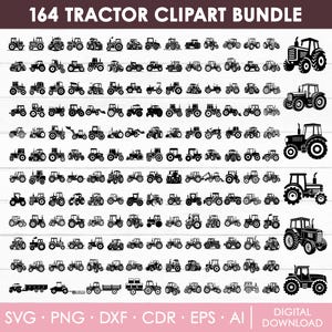 Może przedstawiać: Kolekcja 164 czarnych obrazków clipart traktorów w różnych stylach. Obraz zawiera tekst "164 TRACTOR CLIPART BUNDLE" na górze i opcje typu pliku na dole: SVG, PNG, DXF, CDR, EPS, AI i DIGITAL DOWNLOAD.