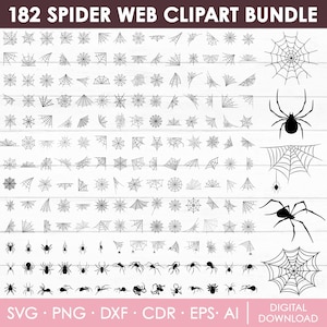 May include: A digital collection titled 182 SPIDER WEB CLIPART BUNDLE featuring numerous black line art illustrations of various spider webs and spiders on a white background, available in SVG, PNG, DXF, CDR, EPS, and AI file formats.