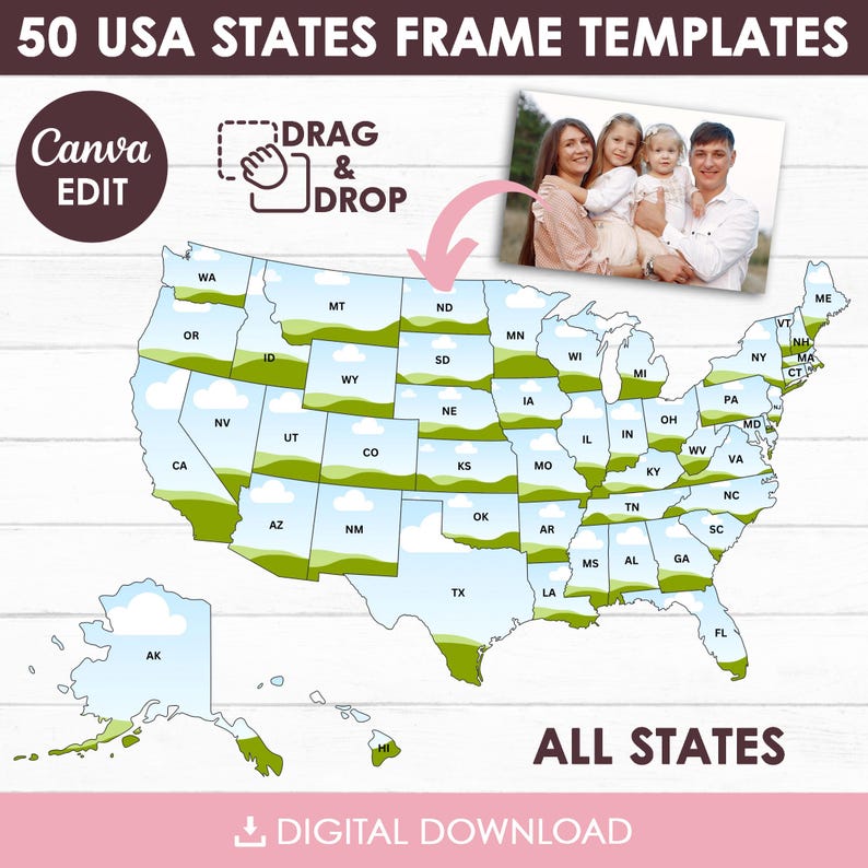 Puede incluir: Plantilla digital que presenta un mapa de los Estados Unidos, con cada estado delineado y etiquetado. El dise&ntilde;o incluye el texto "50 USA STATES FRAME TEMPLATES", "Canva EDIT" y "DRAG & DROP". La imagen tambi&eacute;n incluye una foto familiar y las palabras "ALL STATES" y "DIGITAL DOWNLOAD".