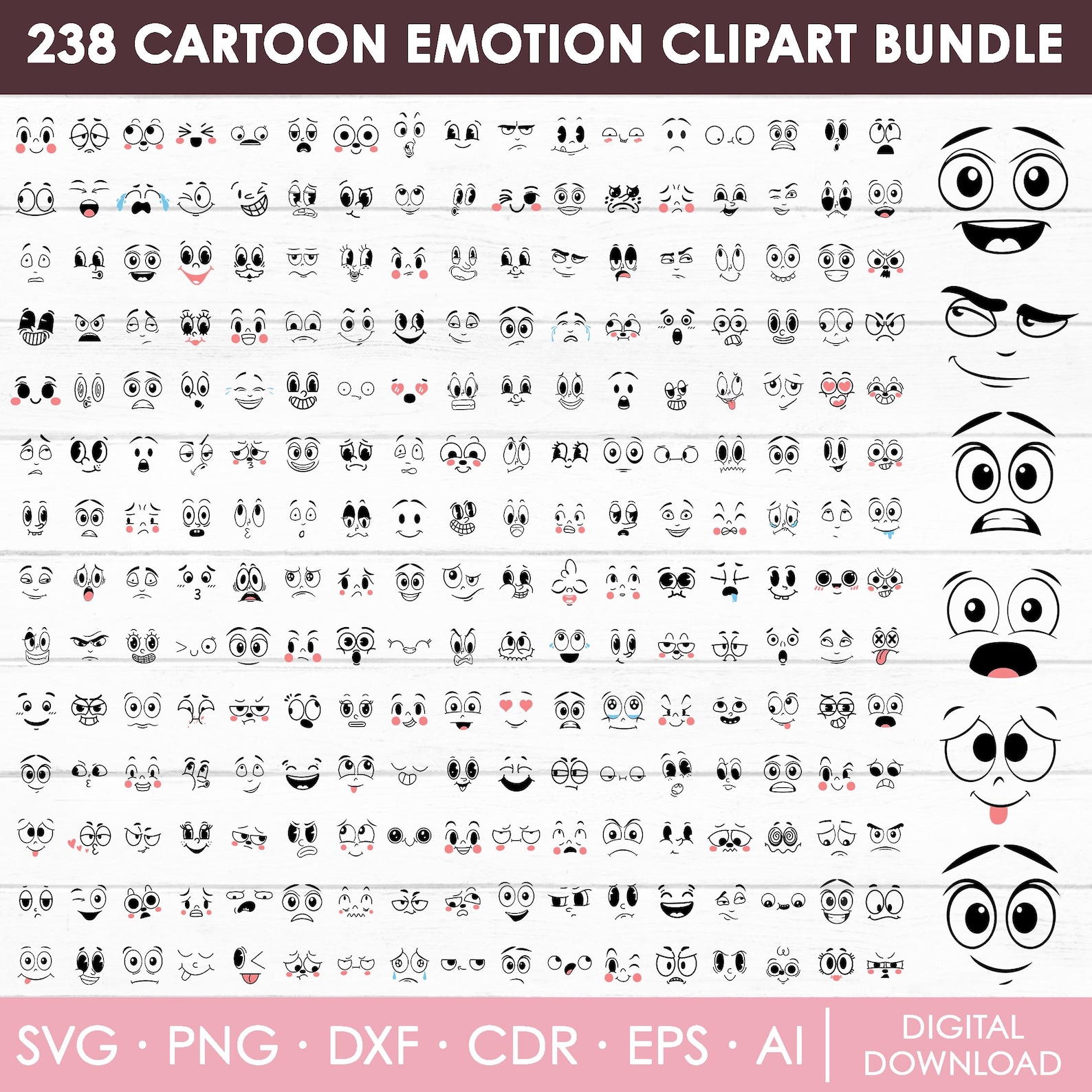 Cartoon Emotion Faces Svg Bundle, Kawaii Face Svg, Cute Funny Face Svg ...