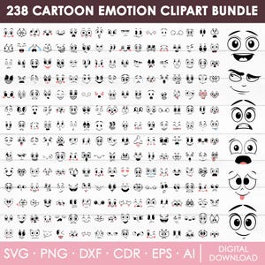 Könnte beinhalten: Eine Sammlung von 238 Cartoon-Emotions-Clipart in Schwarz und Weiß. Das Clipart enthält verschiedene Gesichtsausdrücke wie glücklich, traurig, wütend und überrascht. Das Bild enthält auch den Text "238 CARTOON EMOTION CLIPART BUNDLE".
