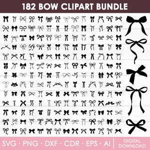 Puede incluir: Un paquete gráfico de descarga digital con 182 diseños de lazos en negro. Los lazos varían en estilo y tamaño, algunos con cintas largas. El texto "182 BOW CLIPART BUNDLE" está en la parte superior. Incluye formatos SVG, PNG, DXF, CDR, EPS, AI.
