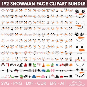 May include: A digital clipart bundle featuring 192 snowman face designs with various expressions and accessories. The collection includes carrot noses, coal eyes, and smiling mouths. Additional elements include hats, scarves, and other winter-themed accessories. The image also includes the text "192 SNOWMAN FACE CLIPART BUNDLE".