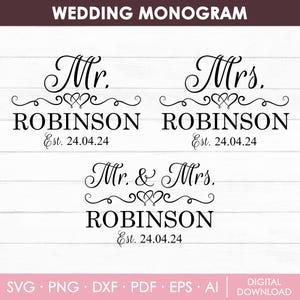 Signo de Sr. y Sra. Svg, Monograma de boda Svg, Regalos de boda para pareja Svg, Apellido Svg, Signo de recién casados Svg, Png, Descarga instantánea