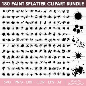 以下が含まれることがあります： 180個の黒いペイントの飛沫のクリップアート画像のセット。画像は白い背景に並べて配置されています。飛沫の画像はさまざまなサイズと形をしています。