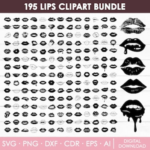 May include: A digital download graphic bundle featuring 195 lip clipart designs in black and white. The collection includes various lip shapes, styles, and expressions, suitable for creative projects. The image includes the text "195 LIPS CLIPART BUNDLE".
